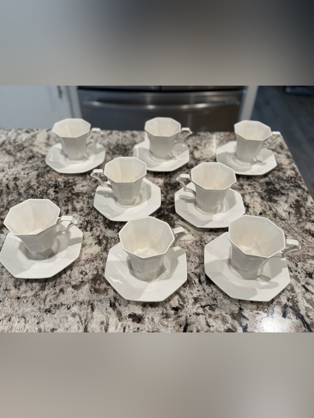 Set of 8 White Independence ironstone Octagonal Tea Cups & Saucers